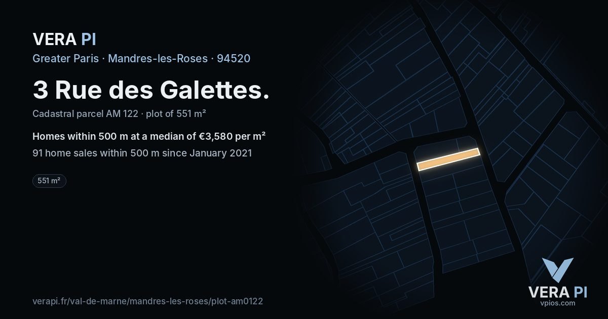 3 Rue des Galettes, Mandres-les-Roses at night – the plot lit, the parcels around coloured by the prices near them