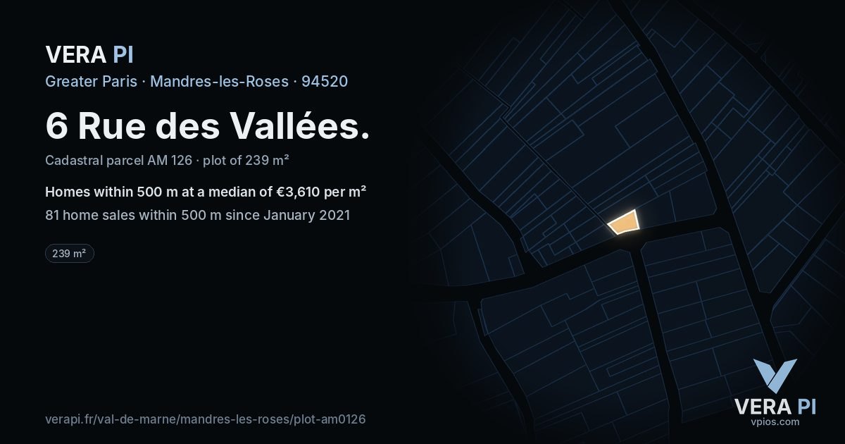 6 Rue des Vallées, Mandres-les-Roses at night – the plot lit, the parcels around coloured by the prices near them