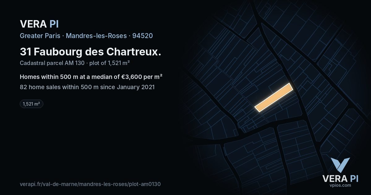 31 Faubourg des Chartreux, Mandres-les-Roses at night – the plot lit, the parcels around coloured by the prices near them