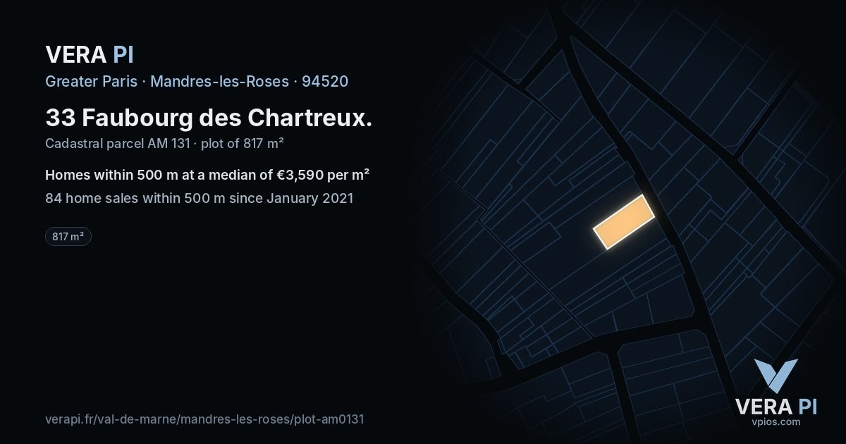 33 Faubourg des Chartreux, Mandres-les-Roses at night – the plot lit, the parcels around coloured by the prices near them