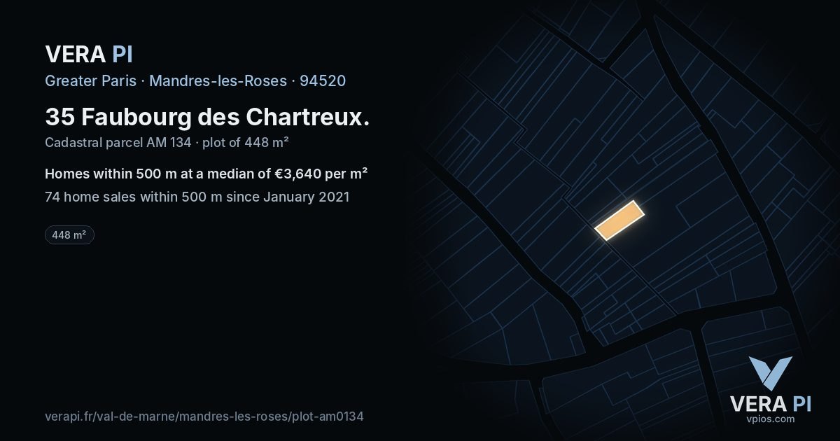 35 Faubourg des Chartreux, Mandres-les-Roses at night – the plot lit, the parcels around coloured by the prices near them