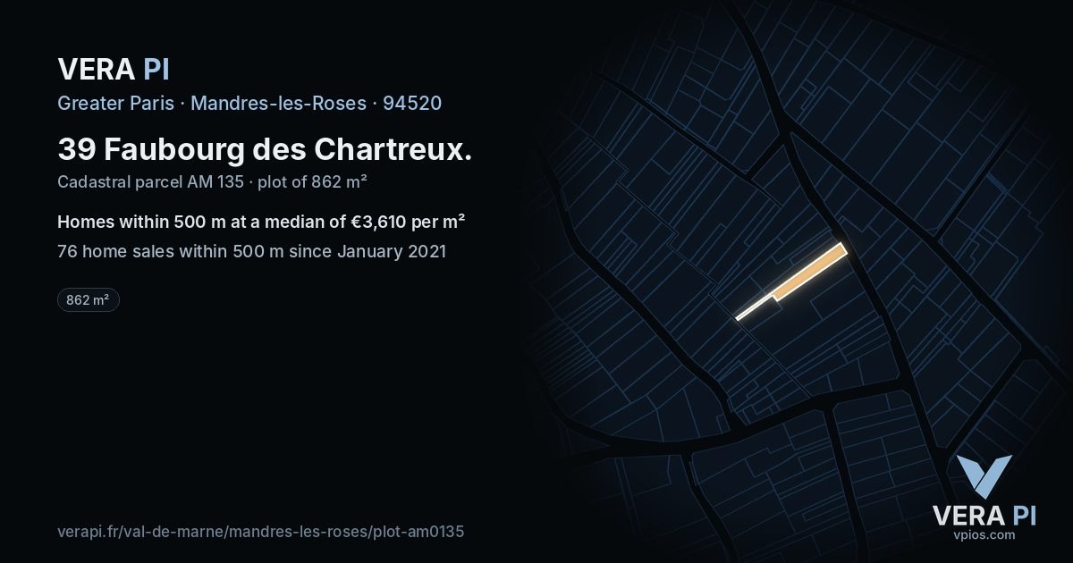 39 Faubourg des Chartreux, Mandres-les-Roses at night – the plot lit, the parcels around coloured by the prices near them
