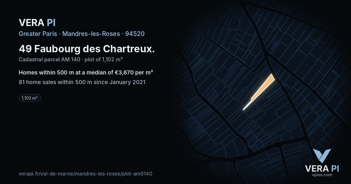 49 Faubourg des Chartreux, Mandres-les-Roses at night – the plot lit, the parcels around coloured by the prices near them