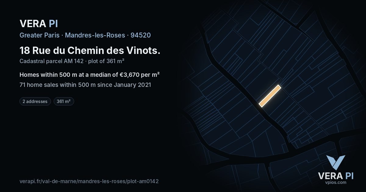 18 Rue du Chemin des Vinots, Mandres-les-Roses at night – the plot lit, the parcels around coloured by the prices near them