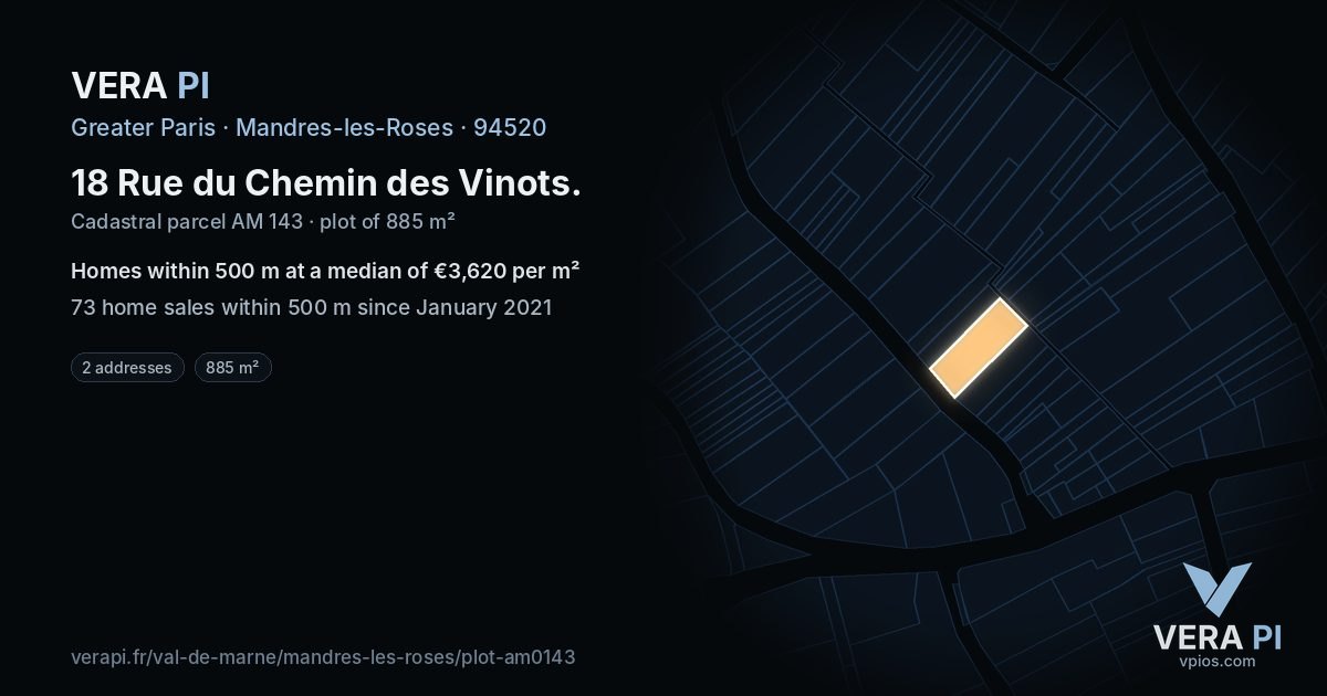 18 Rue du Chemin des Vinots, Mandres-les-Roses at night – the plot lit, the parcels around coloured by the prices near them