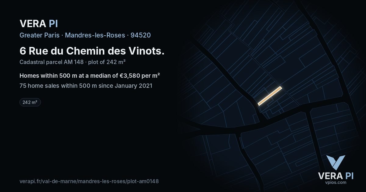 6 Rue du Chemin des Vinots, Mandres-les-Roses at night – the plot lit, the parcels around coloured by the prices near them