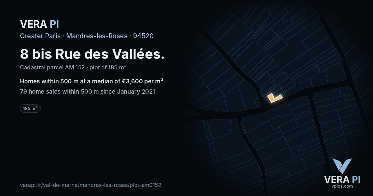 8 bis Rue des Vallées, Mandres-les-Roses at night – the plot lit, the parcels around coloured by the prices near them