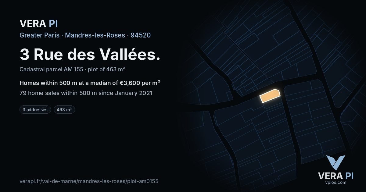 3 Rue des Vallées, Mandres-les-Roses at night – the plot lit, the parcels around coloured by the prices near them
