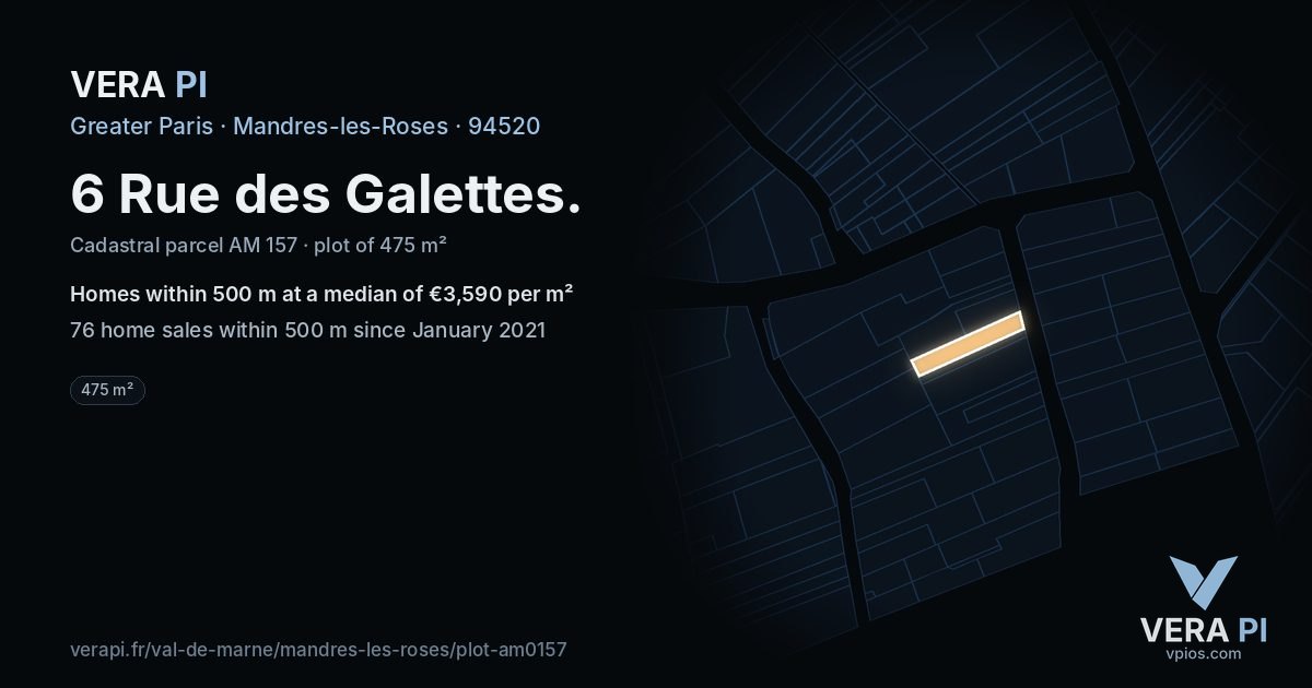 6 Rue des Galettes, Mandres-les-Roses at night – the plot lit, the parcels around coloured by the prices near them