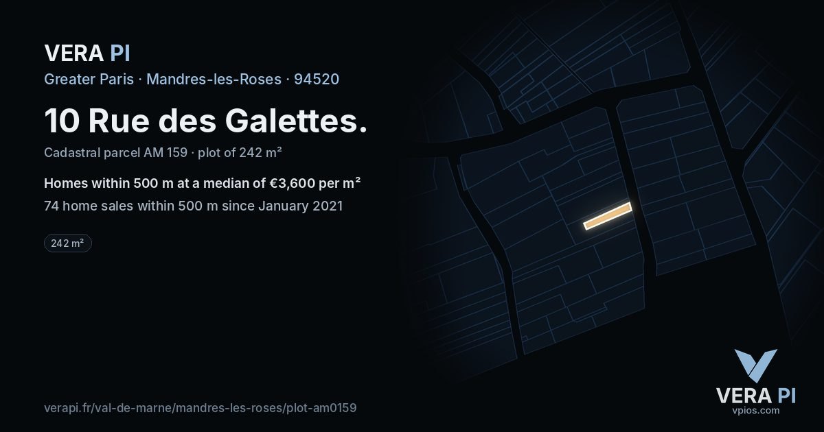 10 Rue des Galettes, Mandres-les-Roses at night – the plot lit, the parcels around coloured by the prices near them