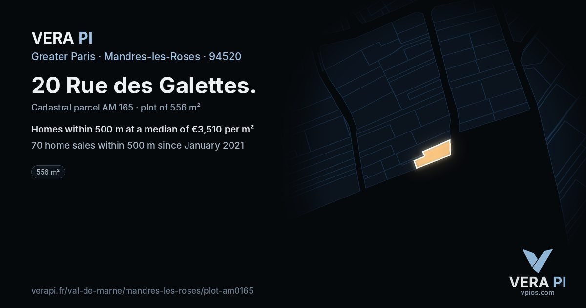 20 Rue des Galettes, Mandres-les-Roses at night – the plot lit, the parcels around coloured by the prices near them