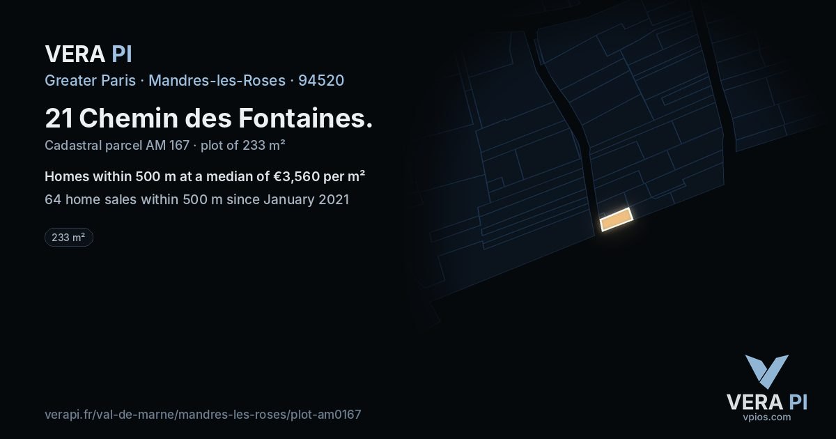 21 Chemin des Fontaines, Mandres-les-Roses at night – the plot lit, the parcels around coloured by the prices near them