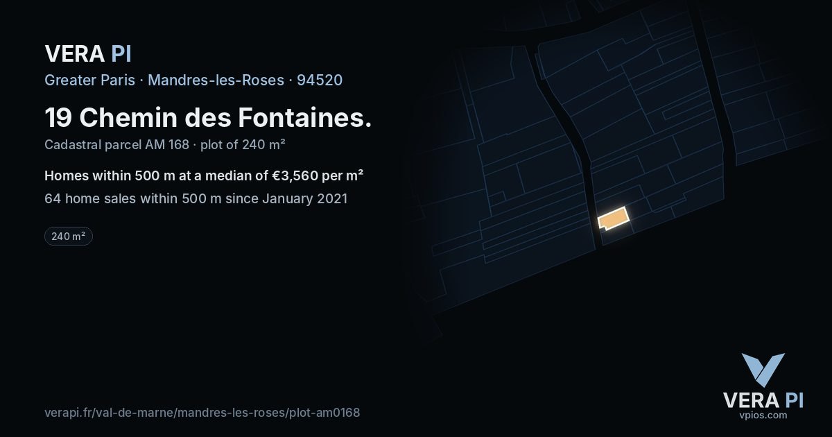 19 Chemin des Fontaines, Mandres-les-Roses at night – the plot lit, the parcels around coloured by the prices near them