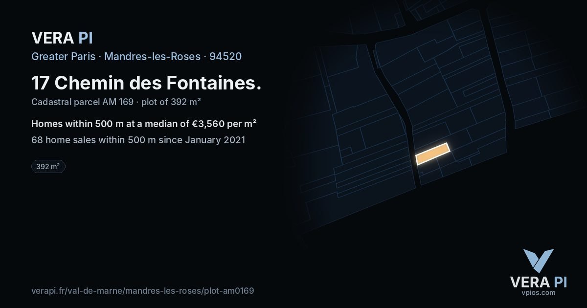 17 Chemin des Fontaines, Mandres-les-Roses at night – the plot lit, the parcels around coloured by the prices near them