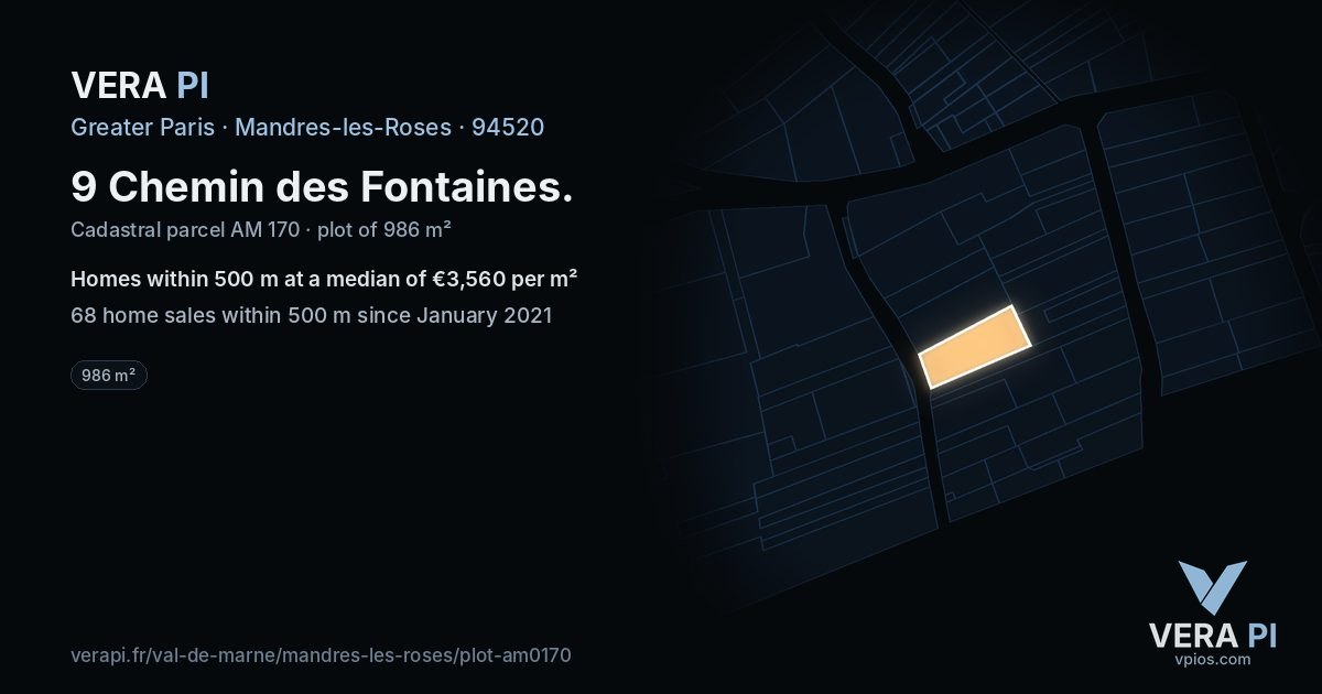9 Chemin des Fontaines, Mandres-les-Roses at night – the plot lit, the parcels around coloured by the prices near them