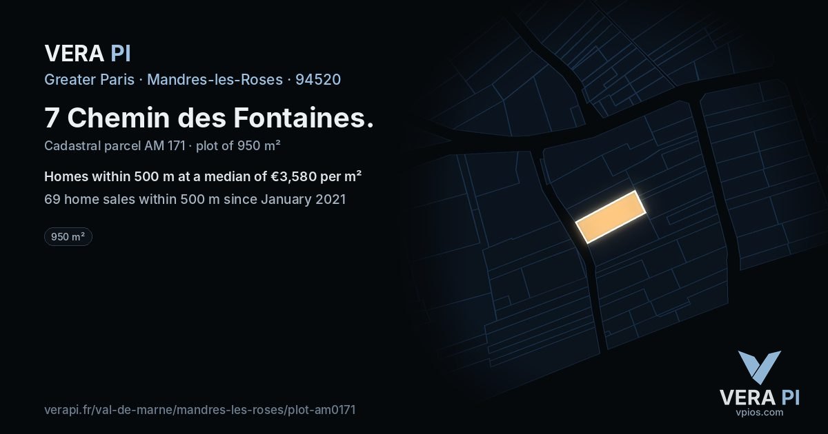 7 Chemin des Fontaines, Mandres-les-Roses at night – the plot lit, the parcels around coloured by the prices near them