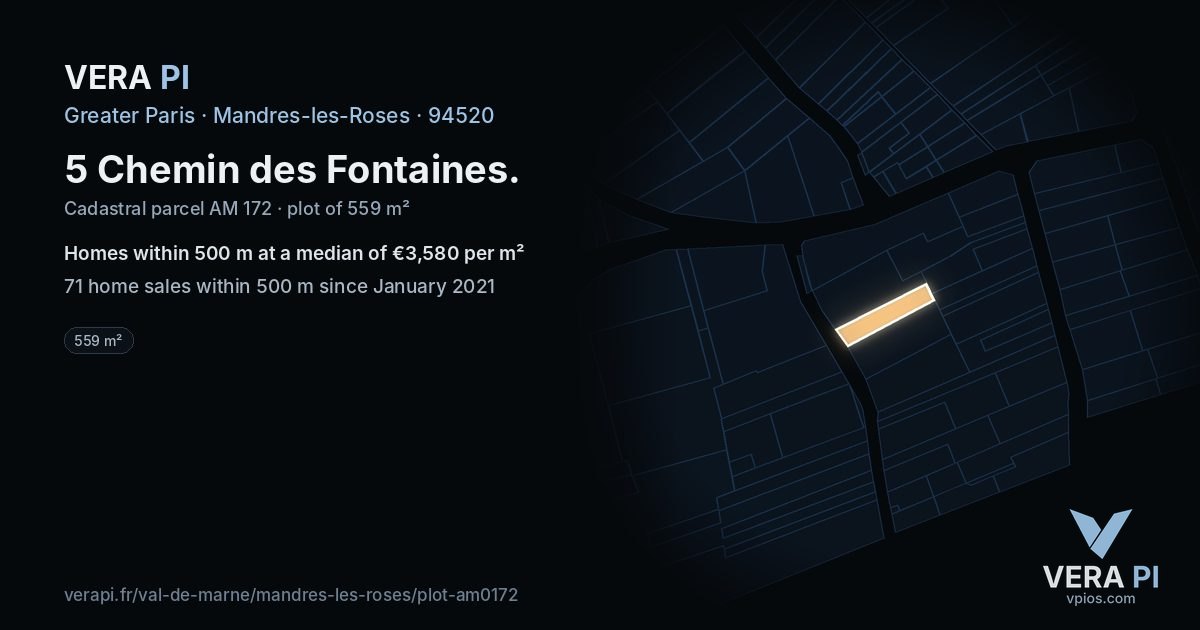 5 Chemin des Fontaines, Mandres-les-Roses at night – the plot lit, the parcels around coloured by the prices near them