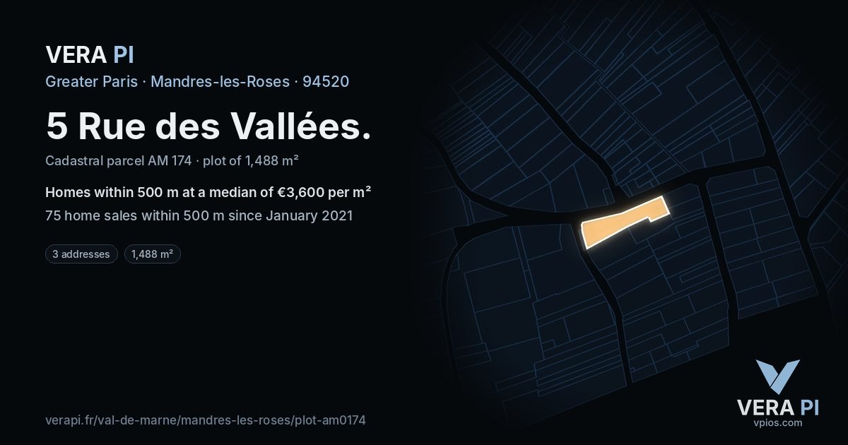 5 Rue des Vallées, Mandres-les-Roses at night – the plot lit, the parcels around coloured by the prices near them