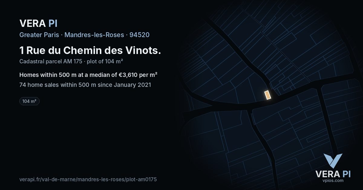 1 Rue du Chemin des Vinots, Mandres-les-Roses at night – the plot lit, the parcels around coloured by the prices near them
