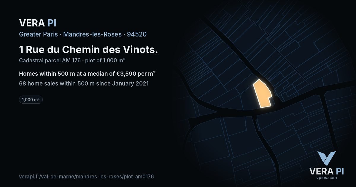 1 Rue du Chemin des Vinots, Mandres-les-Roses at night – the plot lit, the parcels around coloured by the prices near them