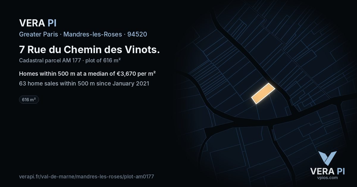 7 Rue du Chemin des Vinots, Mandres-les-Roses at night – the plot lit, the parcels around coloured by the prices near them