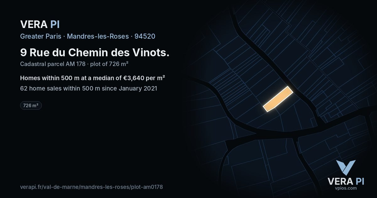 9 Rue du Chemin des Vinots, Mandres-les-Roses at night – the plot lit, the parcels around coloured by the prices near them