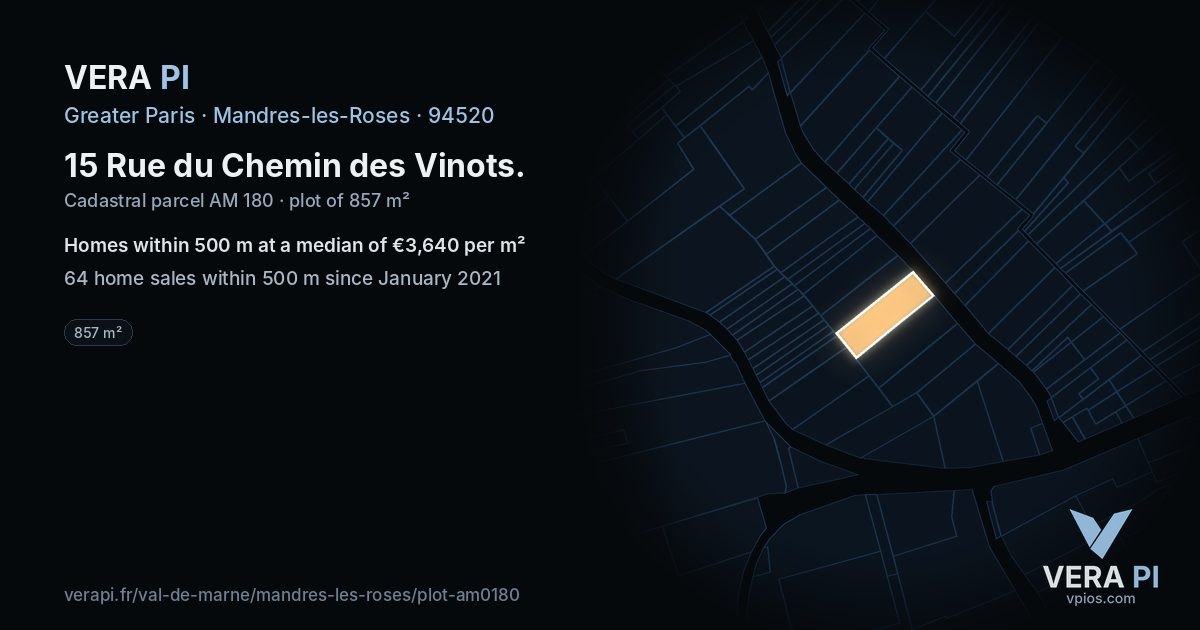 15 Rue du Chemin des Vinots, Mandres-les-Roses at night – the plot lit, the parcels around coloured by the prices near them