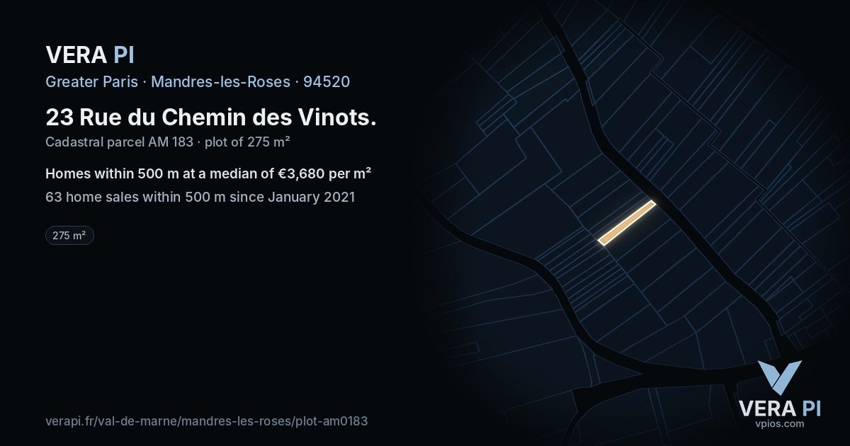 23 Rue du Chemin des Vinots, Mandres-les-Roses at night – the plot lit, the parcels around coloured by the prices near them