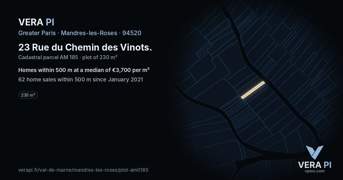 23 Rue du Chemin des Vinots, Mandres-les-Roses at night – the plot lit, the parcels around coloured by the prices near them