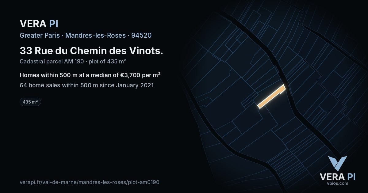 33 Rue du Chemin des Vinots, Mandres-les-Roses at night – the plot lit, the parcels around coloured by the prices near them