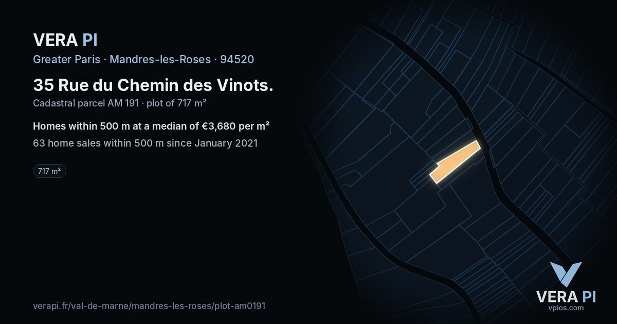 35 Rue du Chemin des Vinots, Mandres-les-Roses at night – the plot lit, the parcels around coloured by the prices near them