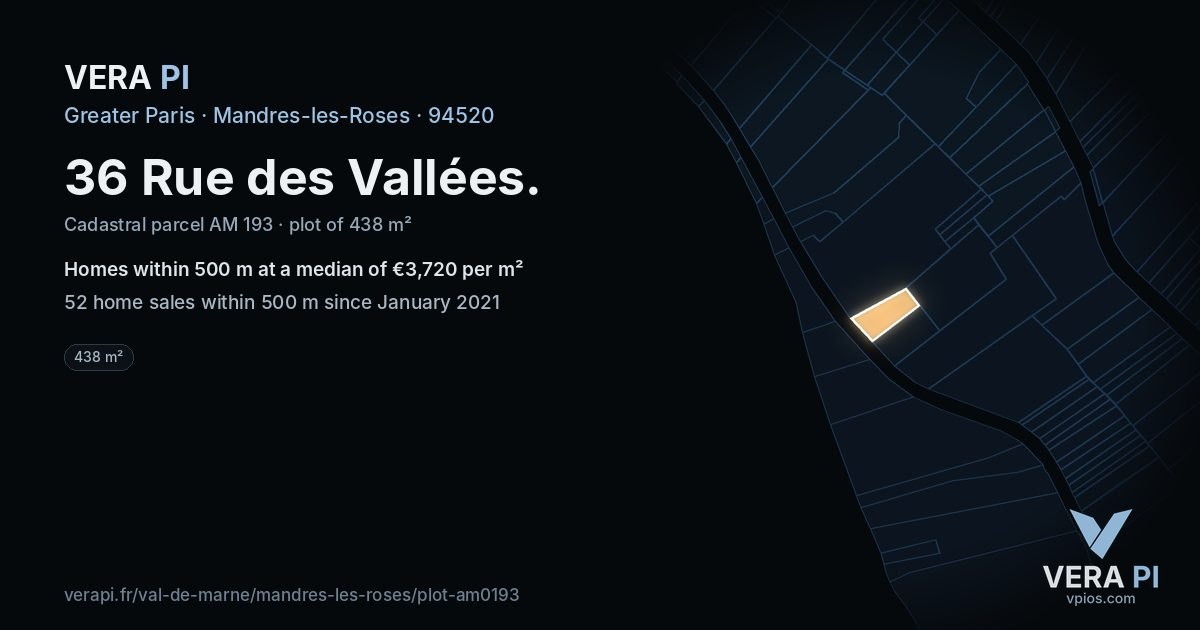 36 Rue des Vallées, Mandres-les-Roses at night – the plot lit, the parcels around coloured by the prices near them