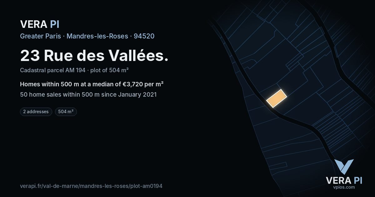 23 Rue des Vallées, Mandres-les-Roses at night – the plot lit, the parcels around coloured by the prices near them