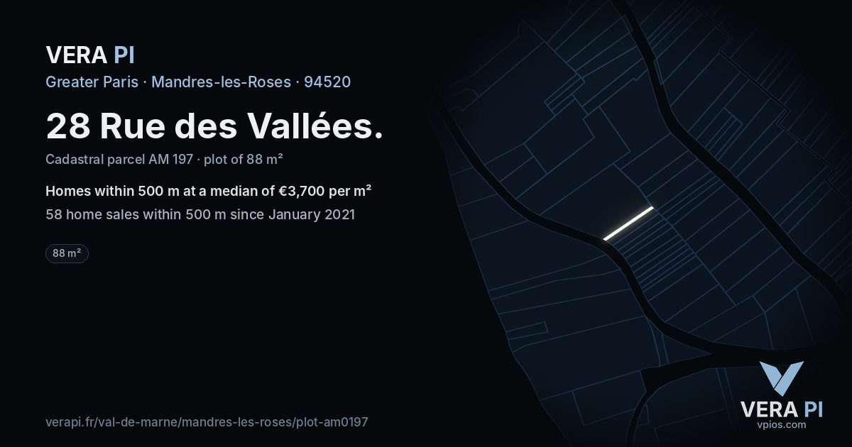 28 Rue des Vallées, Mandres-les-Roses at night – the plot lit, the parcels around coloured by the prices near them