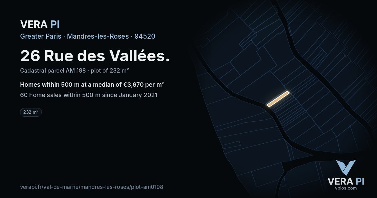 26 Rue des Vallées, Mandres-les-Roses at night – the plot lit, the parcels around coloured by the prices near them