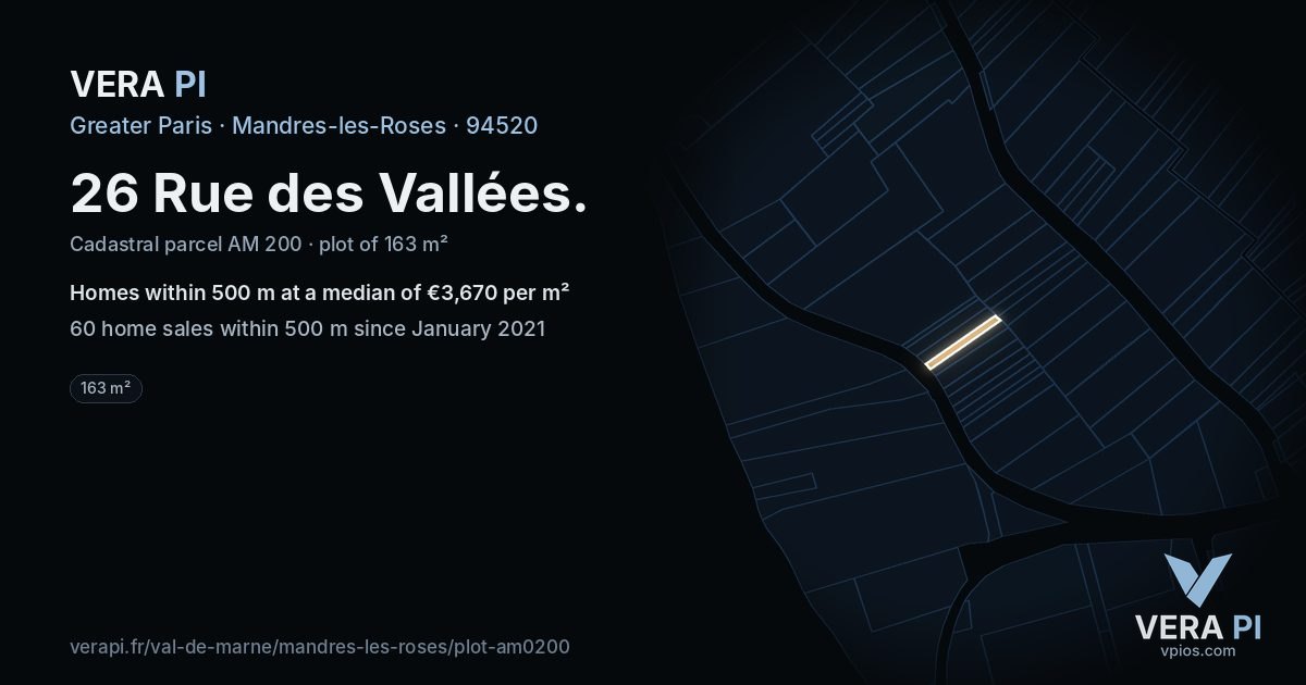 26 Rue des Vallées, Mandres-les-Roses at night – the plot lit, the parcels around coloured by the prices near them