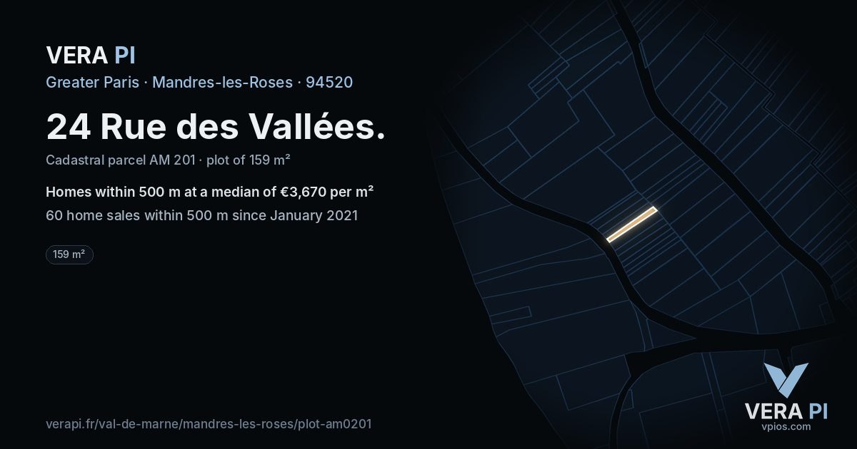 24 Rue des Vallées, Mandres-les-Roses at night – the plot lit, the parcels around coloured by the prices near them