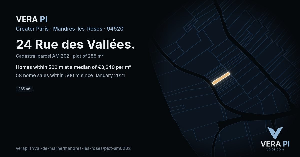 24 Rue des Vallées, Mandres-les-Roses at night – the plot lit, the parcels around coloured by the prices near them