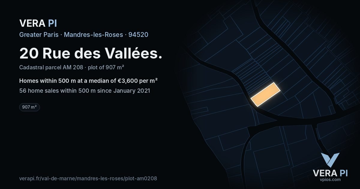 20 Rue des Vallées, Mandres-les-Roses at night – the plot lit, the parcels around coloured by the prices near them