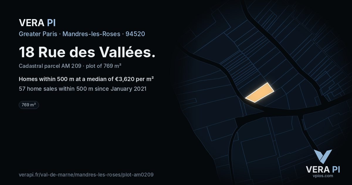 18 Rue des Vallées, Mandres-les-Roses at night – the plot lit, the parcels around coloured by the prices near them