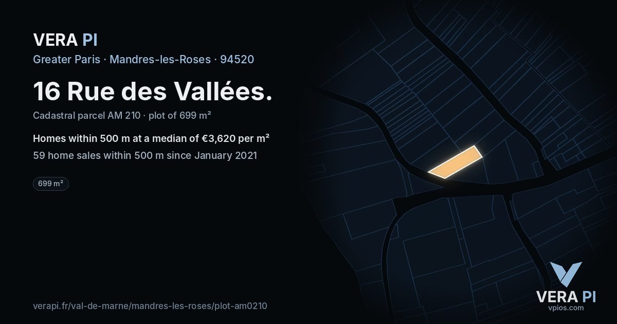 16 Rue des Vallées, Mandres-les-Roses at night – the plot lit, the parcels around coloured by the prices near them