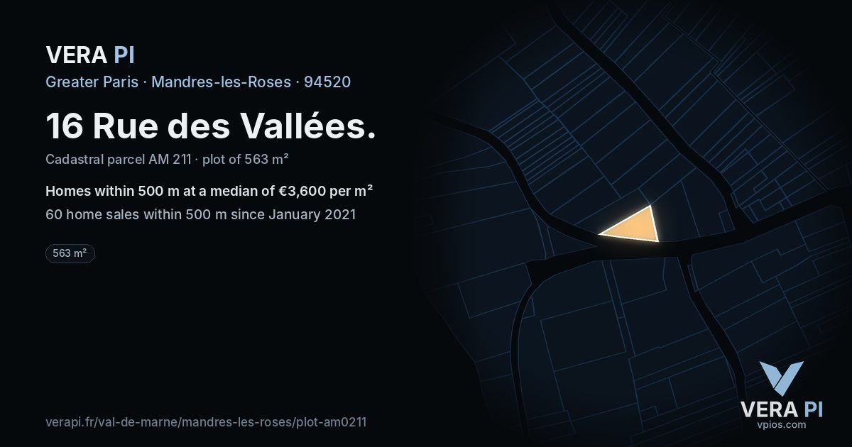 16 Rue des Vallées, Mandres-les-Roses at night – the plot lit, the parcels around coloured by the prices near them