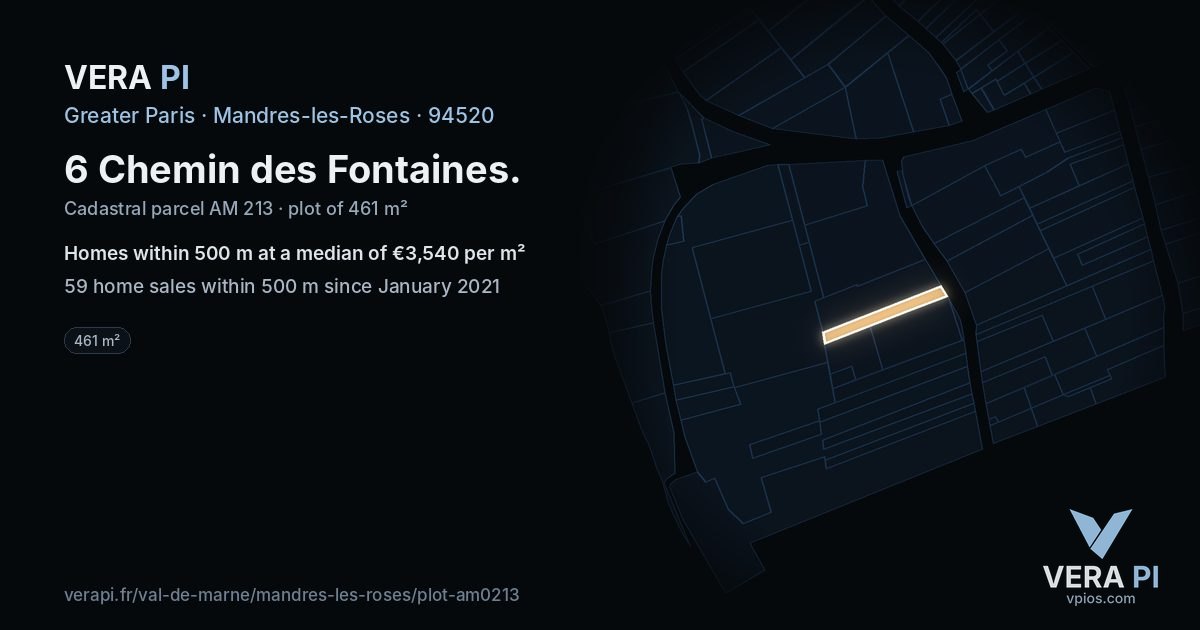 6 Chemin des Fontaines, Mandres-les-Roses at night – the plot lit, the parcels around coloured by the prices near them