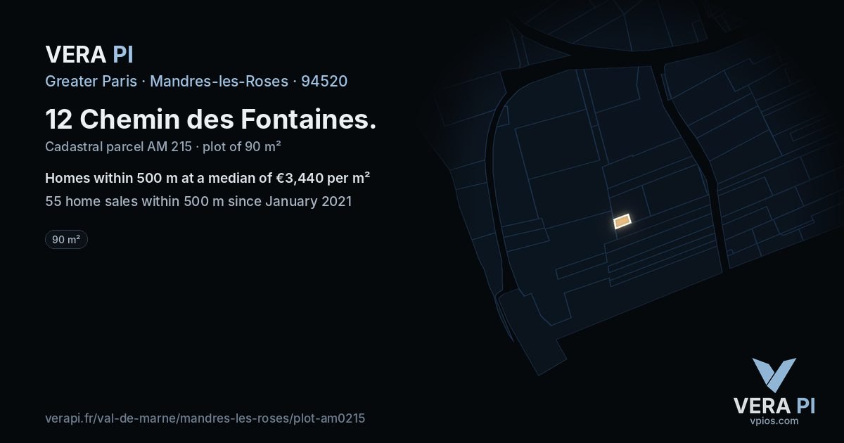 12 Chemin des Fontaines, Mandres-les-Roses at night – the plot lit, the parcels around coloured by the prices near them