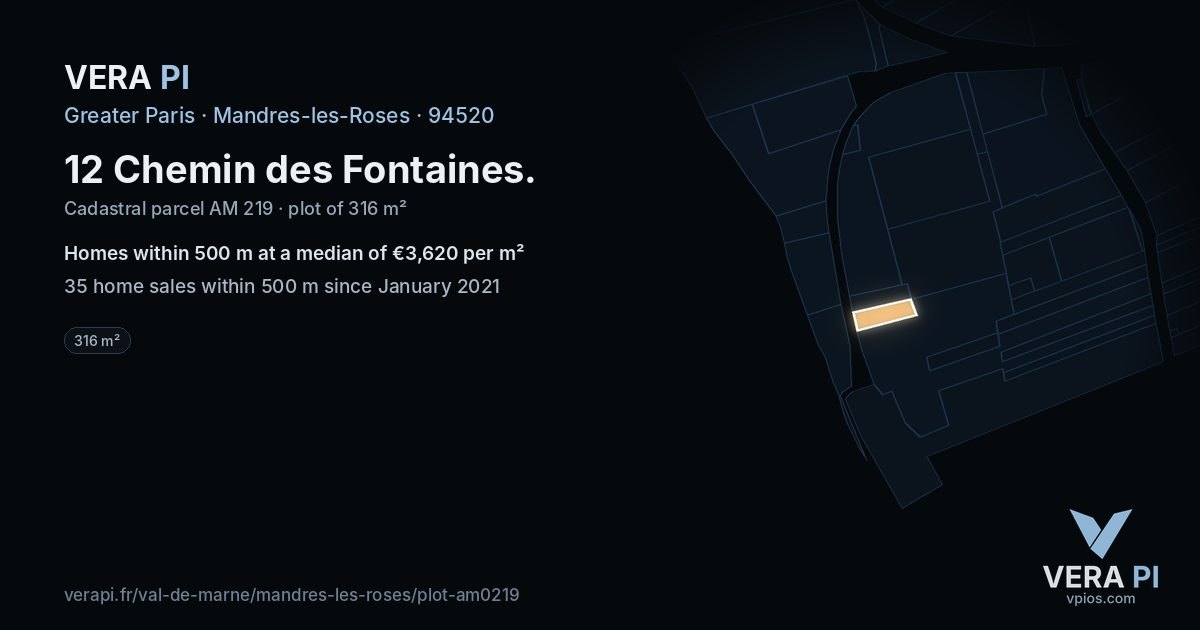 12 Chemin des Fontaines, Mandres-les-Roses at night – the plot lit, the parcels around coloured by the prices near them