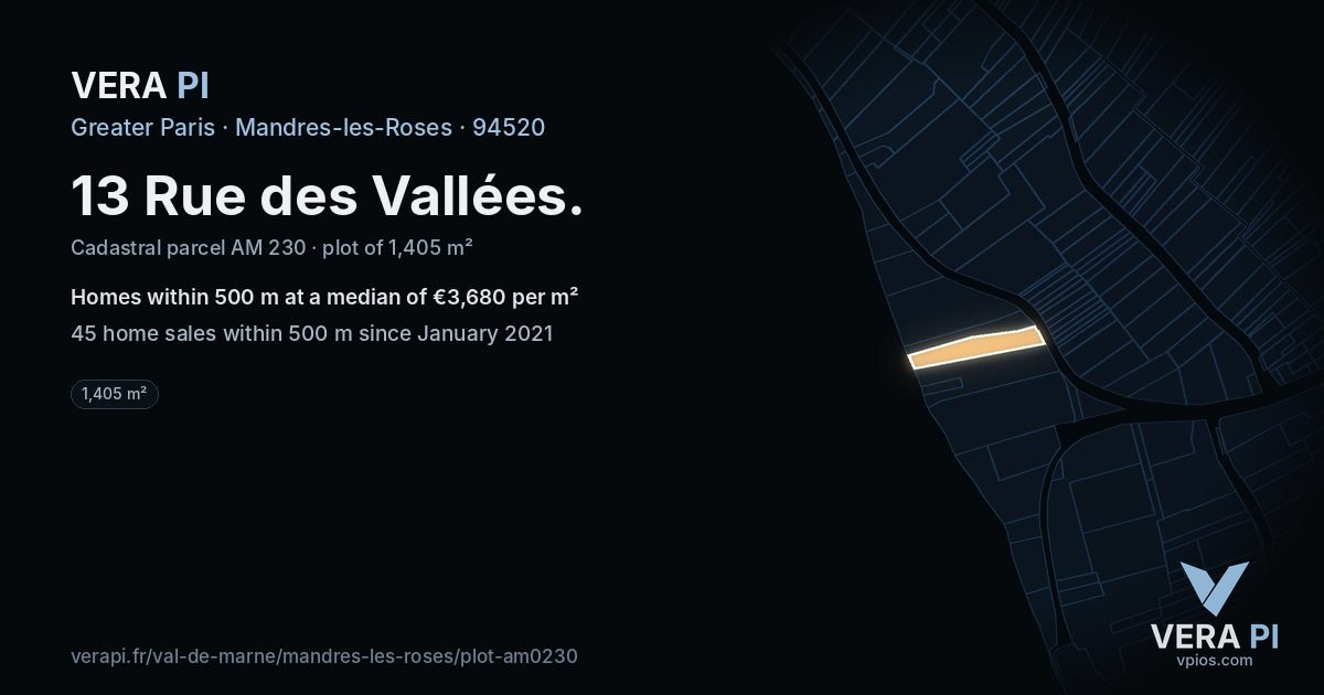 13 Rue des Vallées, Mandres-les-Roses at night – the plot lit, the parcels around coloured by the prices near them