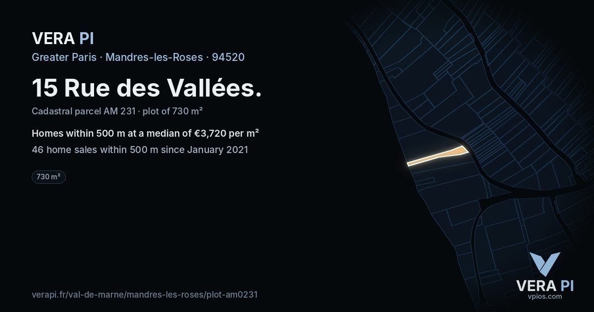 15 Rue des Vallées, Mandres-les-Roses at night – the plot lit, the parcels around coloured by the prices near them