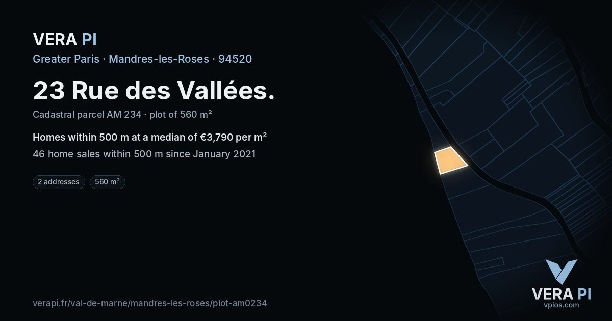 23 Rue des Vallées, Mandres-les-Roses at night – the plot lit, the parcels around coloured by the prices near them