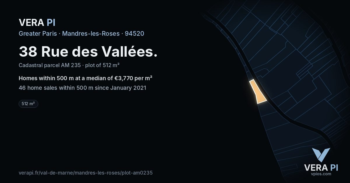 38 Rue des Vallées, Mandres-les-Roses at night – the plot lit, the parcels around coloured by the prices near them