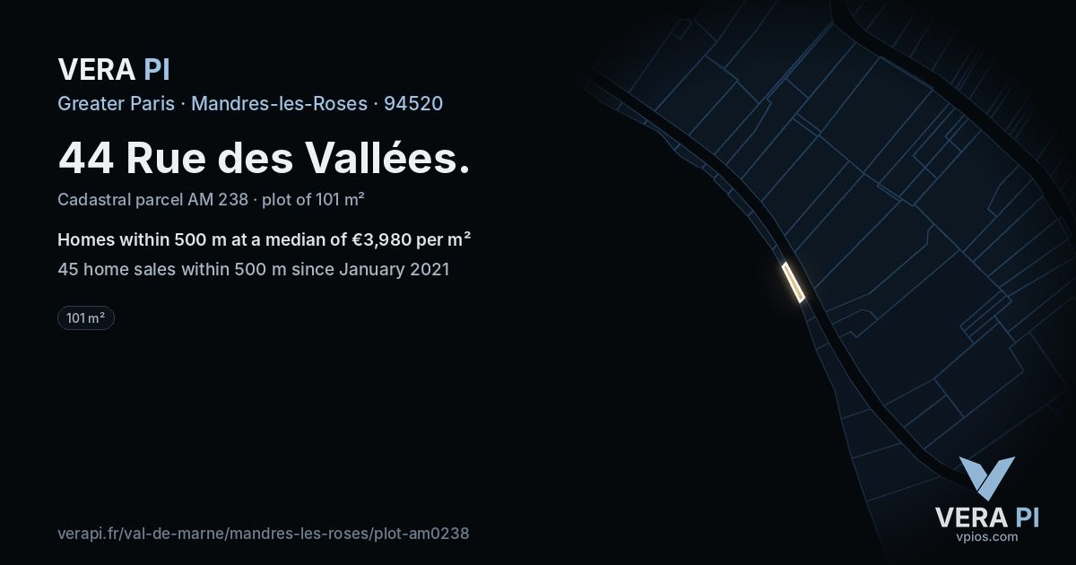 44 Rue des Vallées, Mandres-les-Roses at night – the plot lit, the parcels around coloured by the prices near them